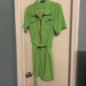 Corduroy Green Dress with Pink Zipper
